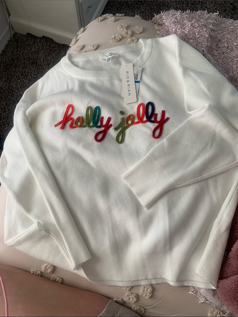 'Holly Jolly' Embroidered Crewneck Sweater - White
